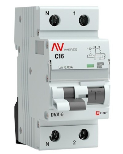 DVA-6 1P+N 16А (C) 30мА (A) 6кА  AVERES (rcbo6-1pn-16C-30-a-av). Автоматический выключатель дифференциального тока. EKF в Ярославле