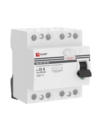 УЗО ВД-100 4P 25А 30мА тип AC эл-мех  PROxima (elcb-4-25-30-em-pro). Выключатель дифференциального тока (УЗО). EKF в Ярославле