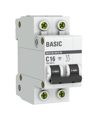 Автоматический выключатель 2P 16А (C) 4,5кА ВА 47-29 Basic (mcb4729-2-16C). Автоматический выключатель. EKF в Ярославле