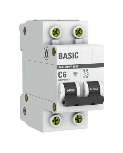 Автоматический выключатель 2P 6А (C) 4,5кА ВА 47-29 Basic (mcb4729-2-06C). Автоматический выключатель. EKF в Ярославле