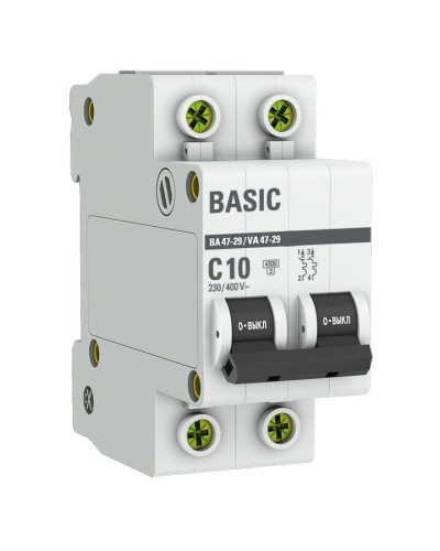 Автоматический выключатель 2P 10А (C) 4,5кА ВА 47-29 Basic (mcb4729-2-10C). Автоматический выключатель. EKF в Ярославле