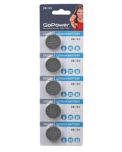CR2032 GoPower, упак. 5 шт., БЛИСТЕР. Литиевый элемент питания. GoPower в Ярославле