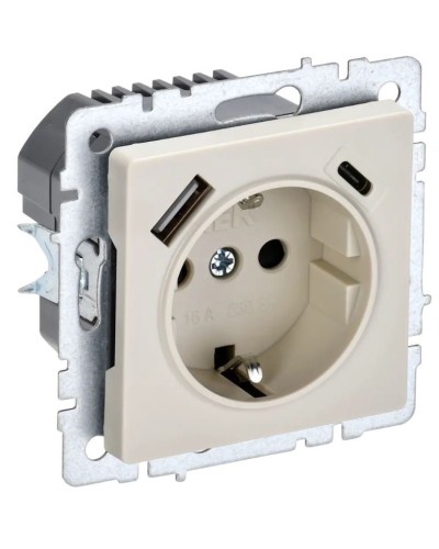 Розетка с з/к с USB A+C 18Вт РЮш11-1-БрКр бежевый BRITE (BR-R14-16-U22-018-K10). Розетка с заземлением с защитными шторками, 18Вт. IEK в Ярославле