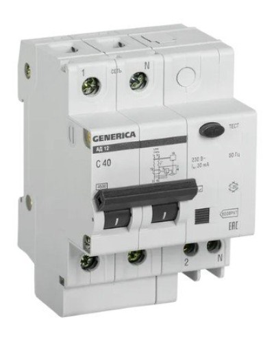 GENERICA АД12 2Р 40А 30мА (MAD15-2-040-C-030). Автоматический выключатель дифференциального тока. IEK в Ярославле