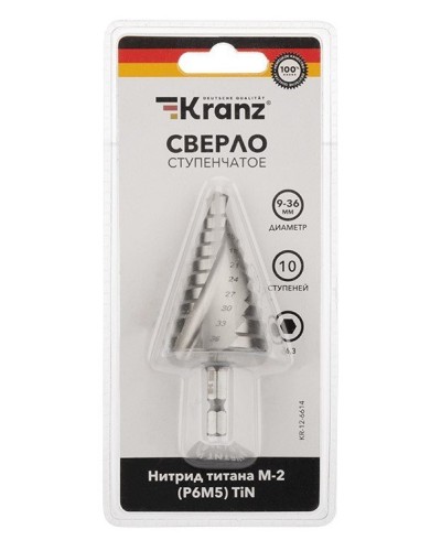 Сверло по металлу ступенчатое ТИТАН 9,0-36,0 мм 110 mm 65 HRC Р6М5 TiN Kranz (KR-12-6614): Сверло по металлу шлифованное в Ярославле