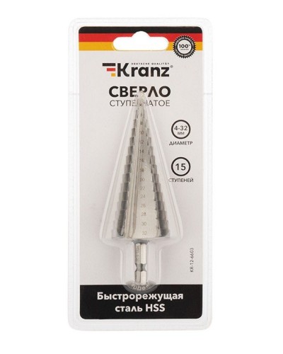 Сверло по металлу ступенчатое 4,0-32,0 мм 102 mm 62 HRC Kranz (KR-12-6603): Сверло по металлу шлифованное в Ярославле