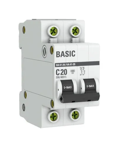 Автоматический выключатель 2P 20А (C) 4,5кА ВА 47-29 Basic (mcb4729-2-20C). Автоматический выключатель. EKF в Ярославле
