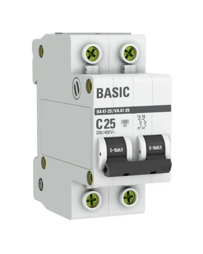 Автоматический выключатель 2P 25А (C) 4,5кА ВА 47-29 Basic (mcb4729-2-25C). Автоматический выключатель. EKF в Ярославле