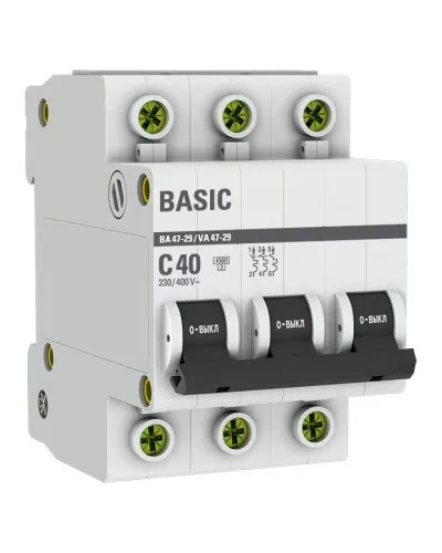 Автоматический выключатель 3P 40А (C) 4,5кА ВА 47-29 Basic (mcb4729-3-40C). Автоматический выключатель. EKF в Ярославле